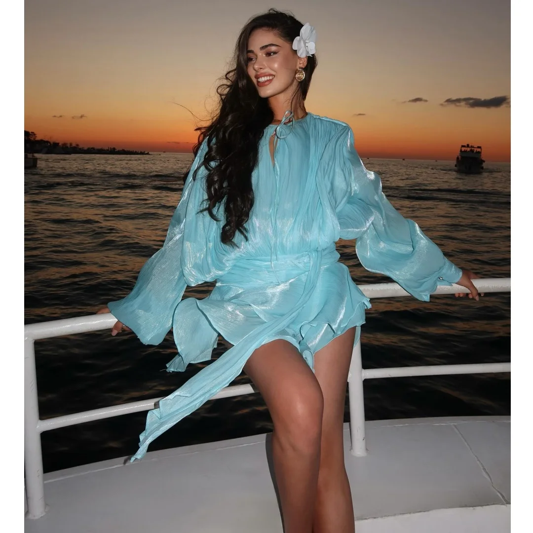 

Short Prom Dresses Glitter Customized Layers Holiday Dress Chic Long Sleeves Wedding Party Gown robes de soirée