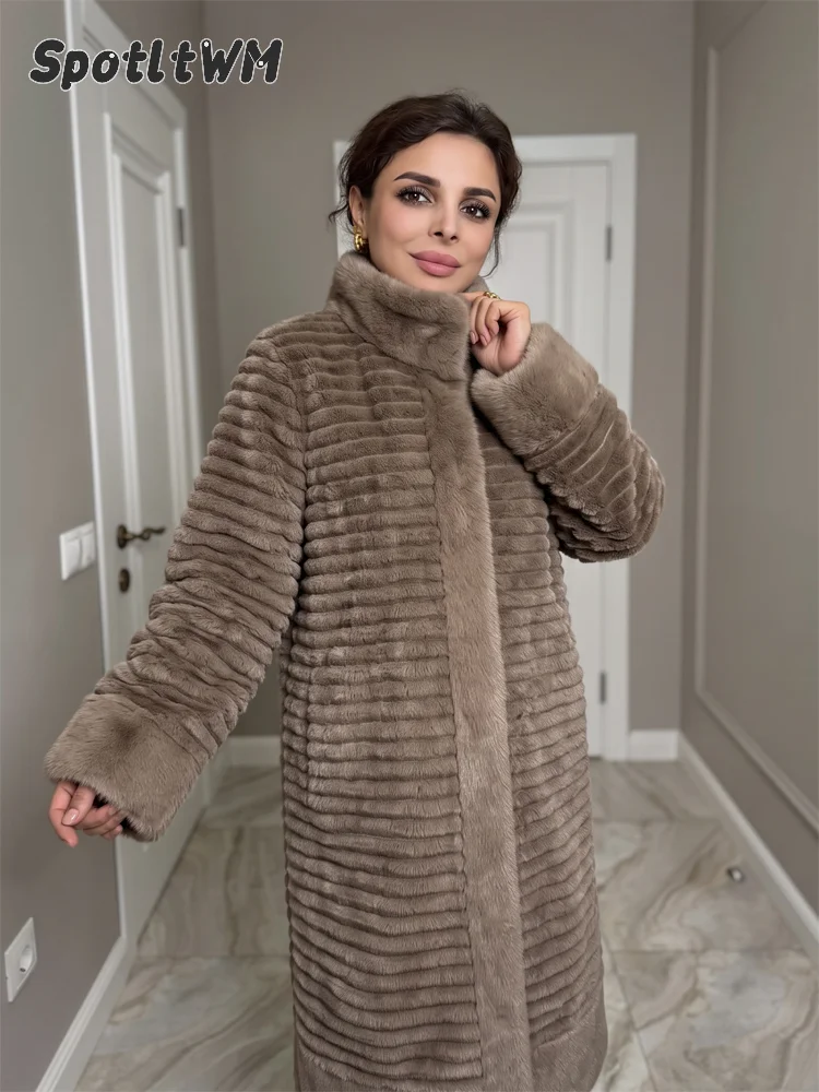 Chic Women Faux Fur Long Coat Tall Collar Relax Straight Cut Cozy Warm Mature Women Elegant Daily Luxury Winter Outerwear 2026