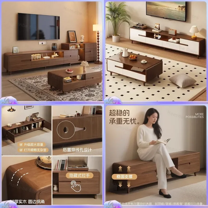 Modern Solid Wood TV Cabinet Living Room Floor Stand Simple Media Console Storage Unit Small Apartment Furniture 2026 New