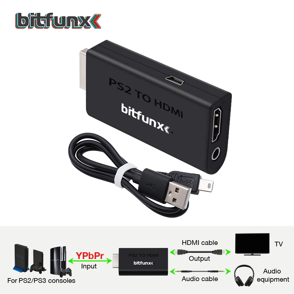 BitFunx HDMI Audio And Video Adapter For PS2 To HDMI-Compatible Converter For PS2 Game Console 480i/480p/576i/576P/720P/1080i