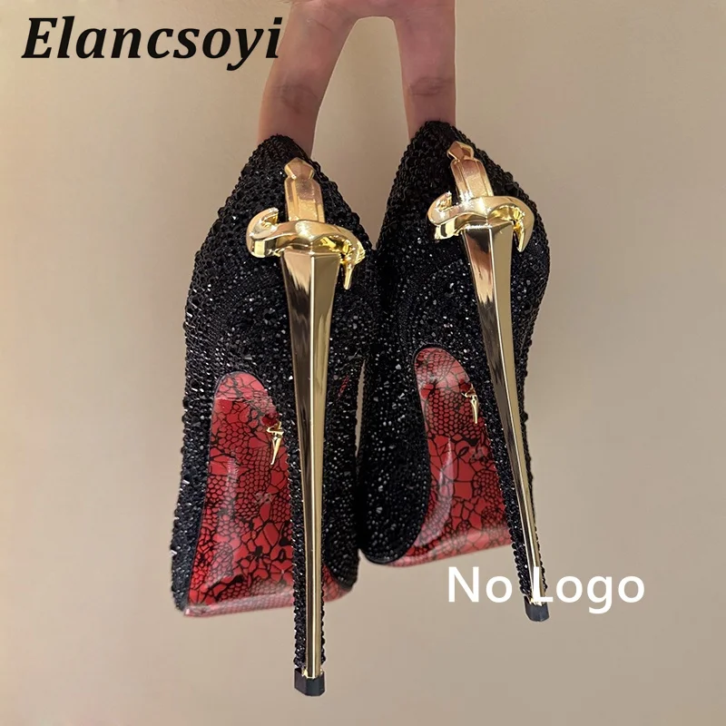 Women Pumps Metal Sword Thin Heels Single Shoes Shiny Rhinestone Pointed Toe Super High Heels Spring Sexy Banquet Dress Shoes