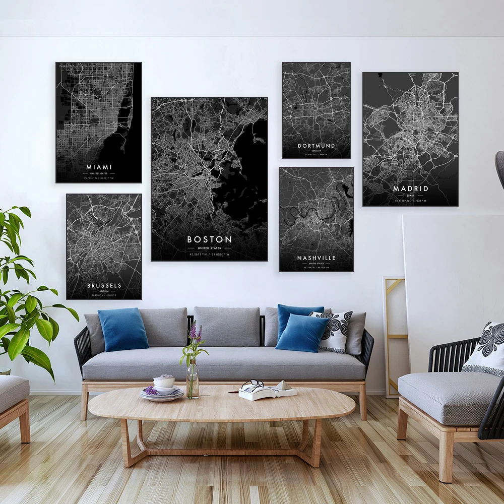 Miami, Washington, London, Paris, Tokyo, Liverpool, Chicago, Brussels, Nashville, Dortmund, Baltimore, Portland city map posters