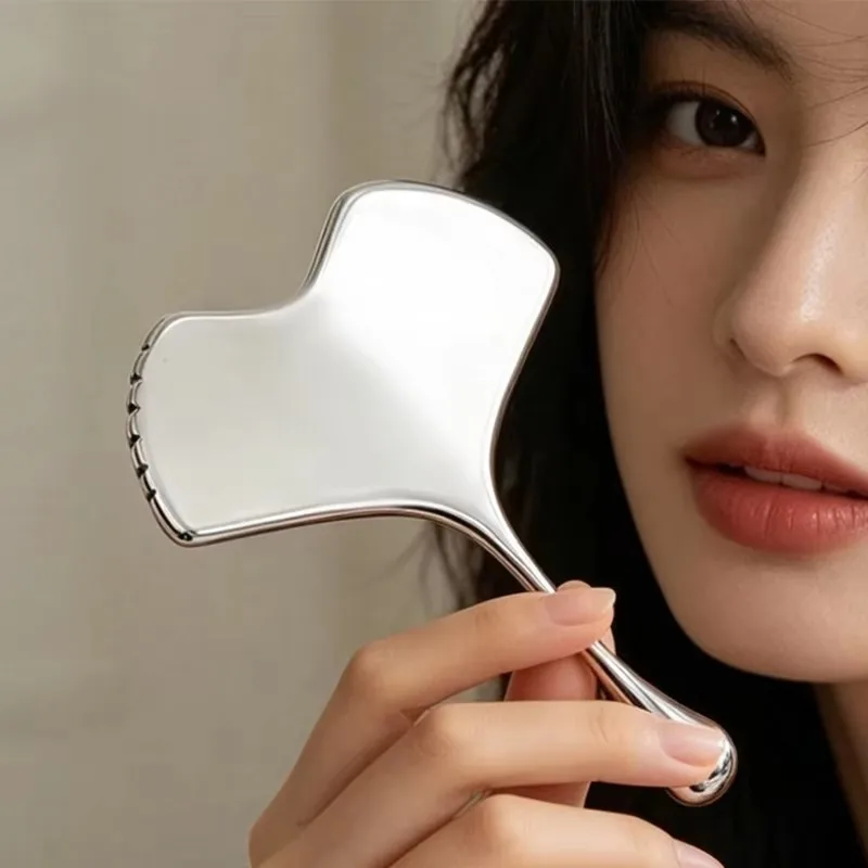 Stainless Steel Leaf‑Shaped Gua Sha Board With Pointed Tip Facial Lymphatic Massage Tool For SPA Skincare