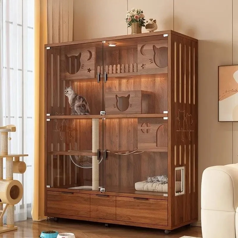 Solid wood cat cage household indoor large free space nest toilet integrated cabinet drawer cat villa