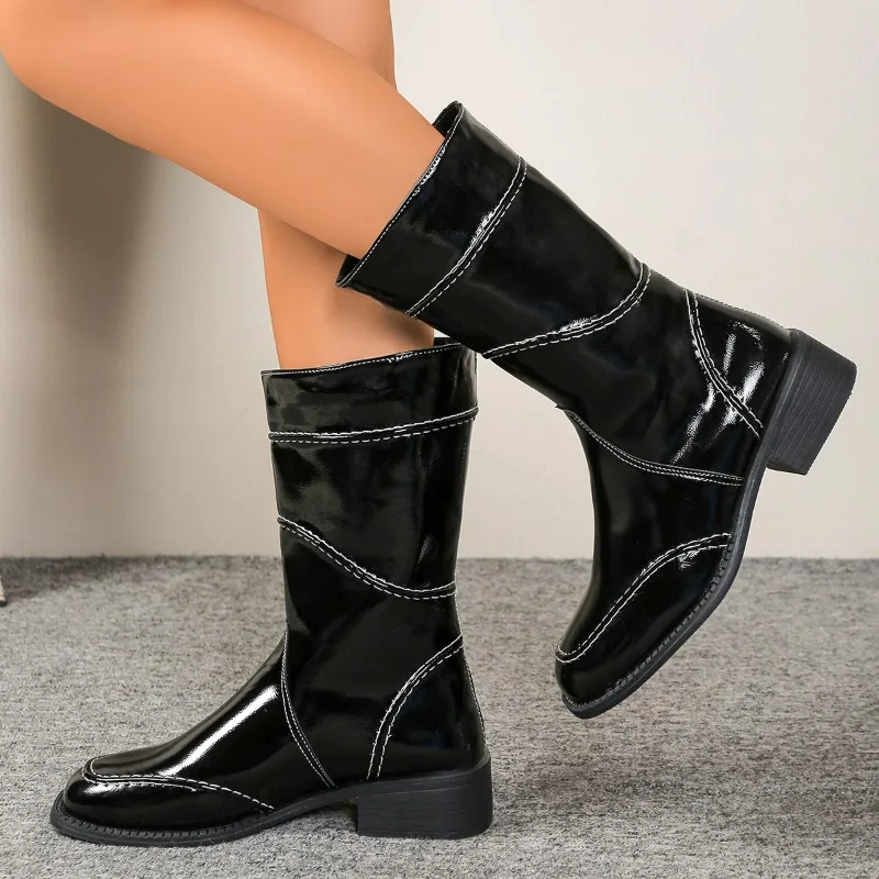 New Soft Leather Side Zipper Short Boots British Fashion Round Head Waterproof Coarse Heel Shoes