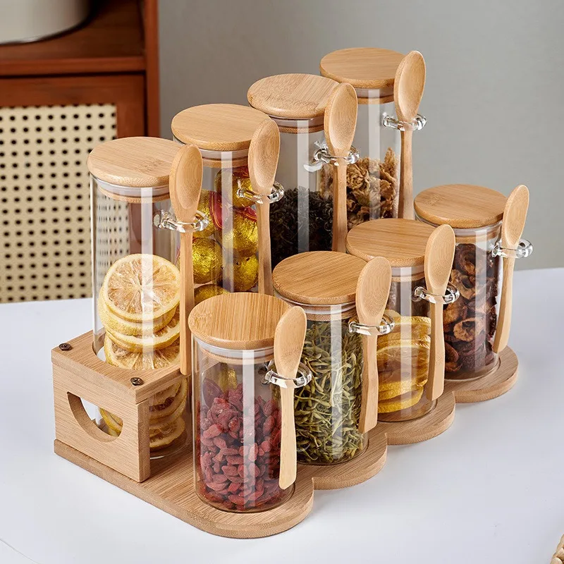 

Glass Jars Bamboo Spoons Kitchen Canisters for Coffee Sugar Beans Spice Storage Wooden for Nuts Cookies Bamboo Stand Included