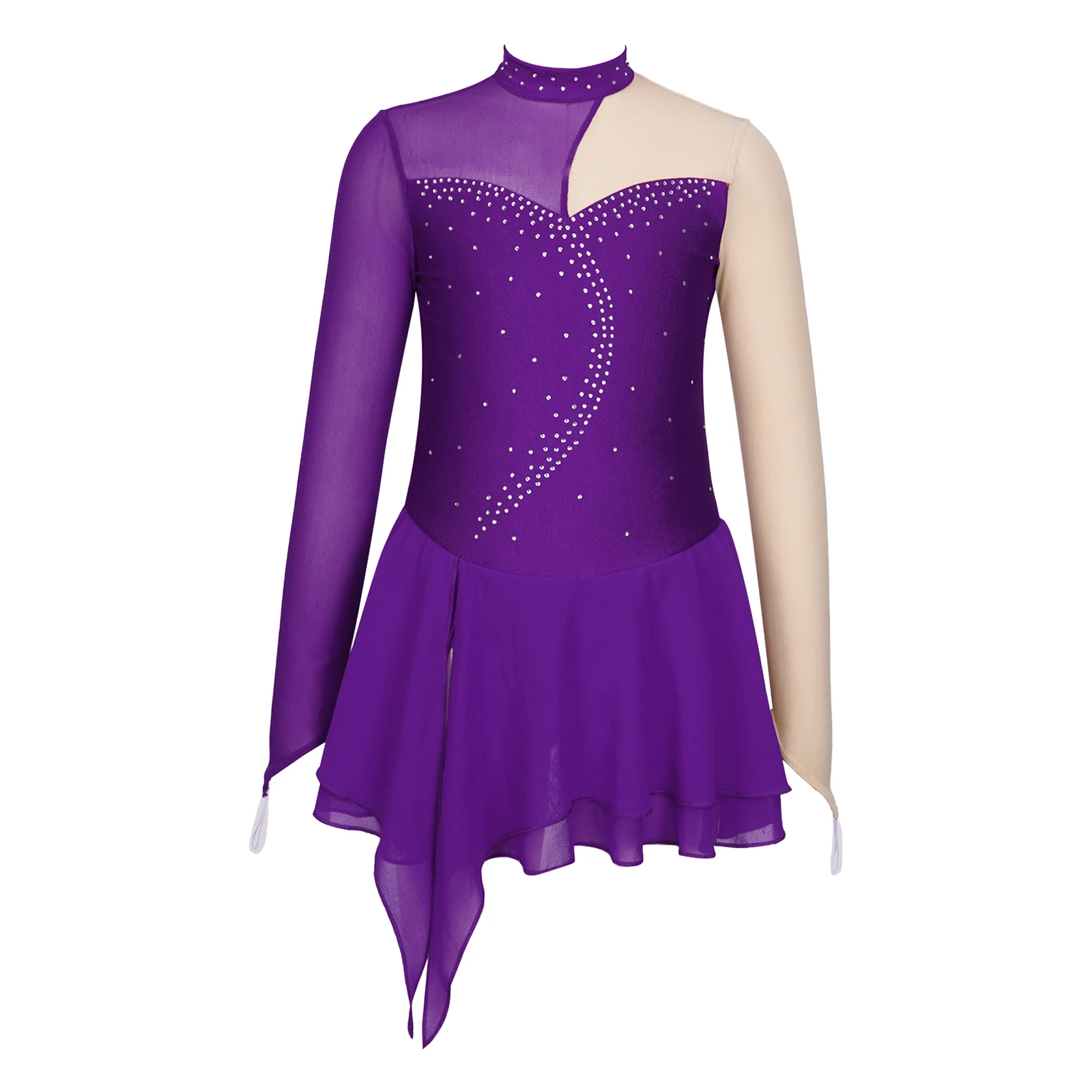 Vestido de patinaje sobre hielo Floral para niñas, lentejuelas brillantes, diamantes de imitación, manga larga, Ballet, gimnasia, baile, leotardo, Ropa de baile