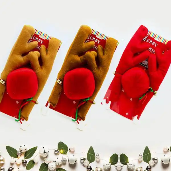 Christmas Car Antlers Short Plush Dark Brown Khaki Big Red Antlers Holiday Glowing Bells Ornament