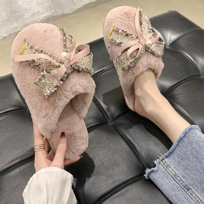 

​ Женские зимние меховые тапочки с закрытым носком, новый дизайн, хлопковые плюшевые домашние и уличные нескользящие уютные минималистичные тапочки для женщин ​