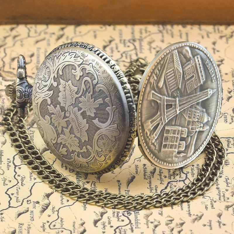 Винтажные бронзовые стимпанк Эйфелева башня резные кварцевые карманные часы ожерелье кулон цепочка для часов мужская женская цепочка коллекция подарок