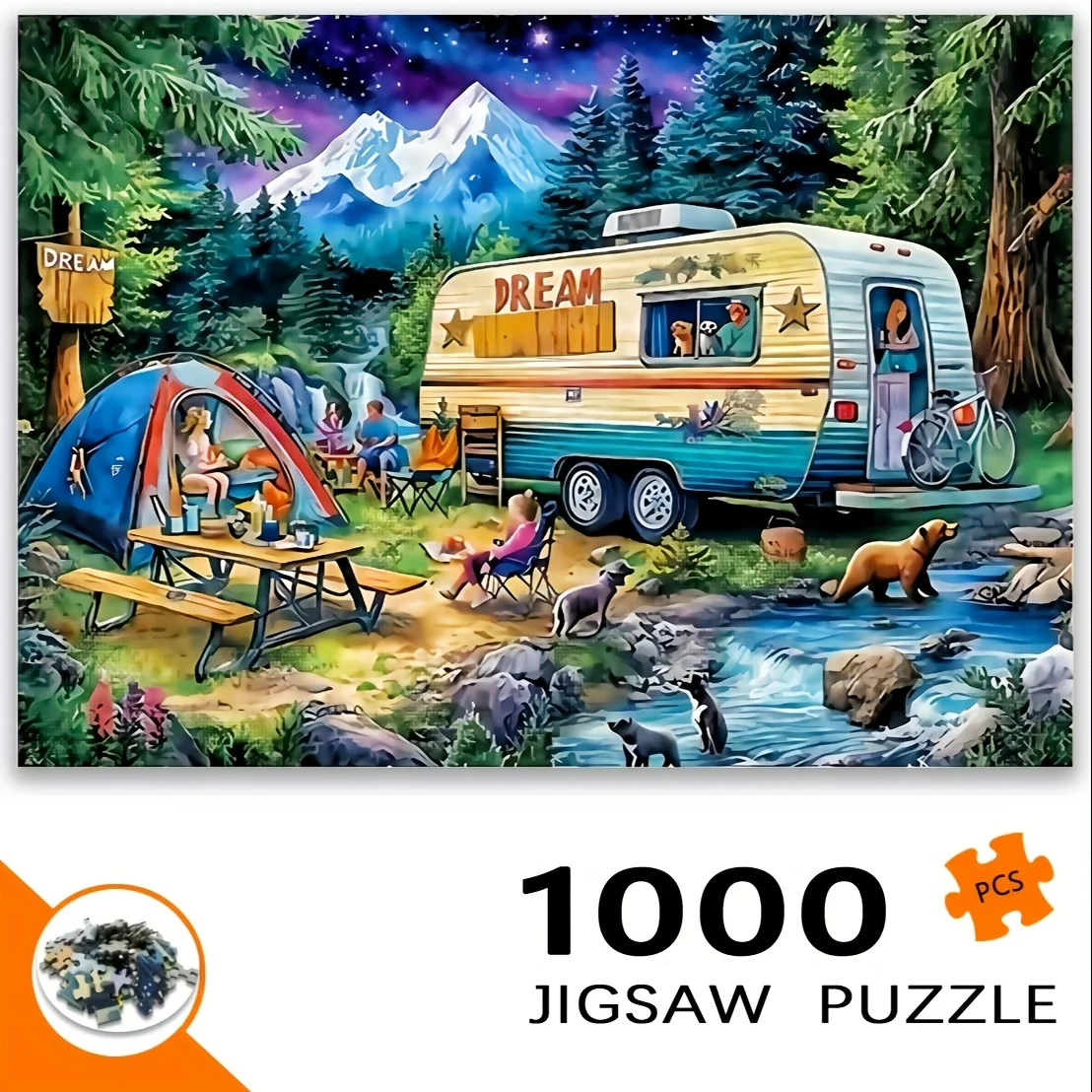 

1000 шт., головоломка «Звездное ночное озеро и винтажный кемпер-фургон с медведями» — большой семейный вызов для кемпинга, многоцветное ночное небо