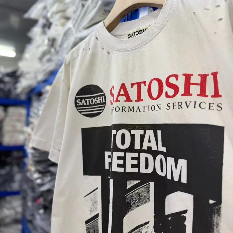 Men Satoshi Total Freedom T-Shirt Distressed Ripped Oversized Y2K Tee