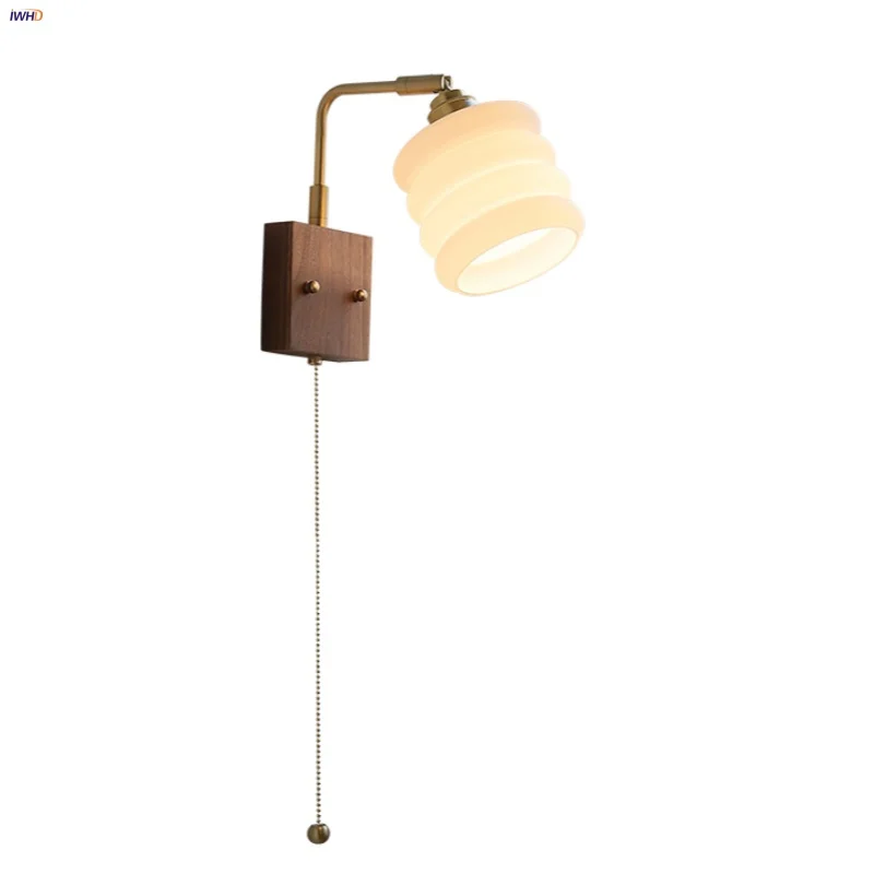 IWHD Pull Chain Switch LED Wall Lights Dining Room Bedroom Wood Walnut Rotatable Nordic Modern White Glass Bedside Lamp Sconce