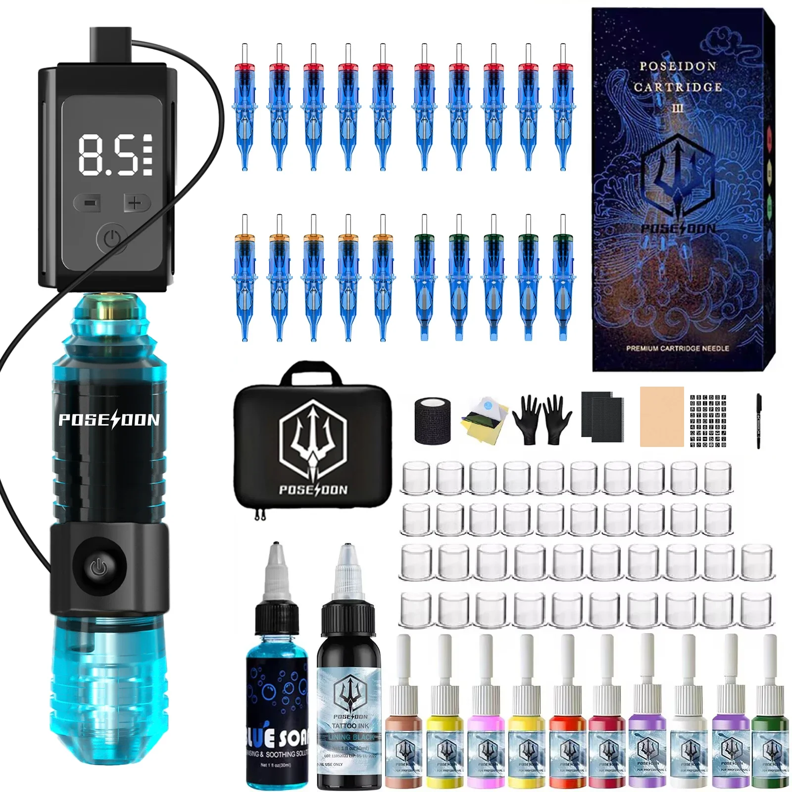 Tattoo Kit POSEIDON Finger Gesteuert Tattoo Stift Kit Für Permanent Make-Up Tattoo Maschine Cool Blue Netzteil Tattoo Gun Kit