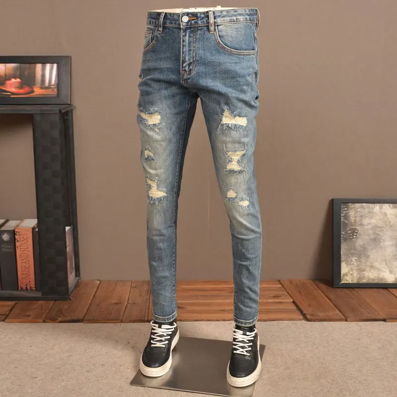 Streetwear Fashion Men Jeans Retro Blue Stretch Skinny Fit Ripped Jeans Men Patched Trousers Vintage Designer Denim Pants Hombre