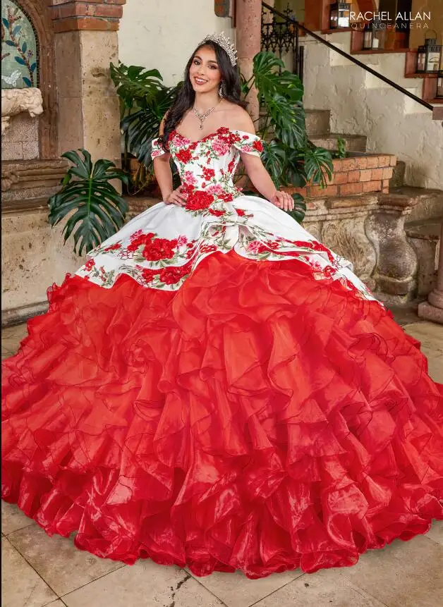 فساتين Quinceanera مكشكشة من الزهور المكسيكية ، مشد الأميرة مكشوف الكتفين ، زين تطريز وردي وأبيض ، 15 ، 25