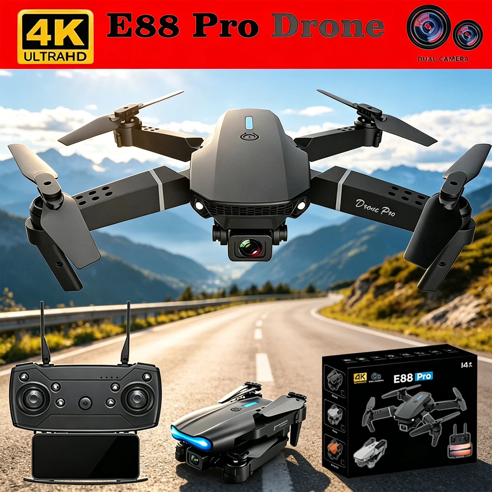 2026 New E88 PRO RC Drone 4K Professional HD Dual Camera Security UAV Air Pressure Fixed Height Foldable Quadcopter Kid Gift