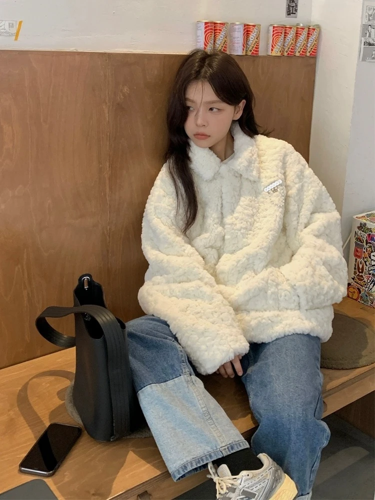 Lamb Fur Jaet Women's Loose Thiened Winter Outerwear Warmth Synthetic Fur Long Sve  Collar k Color Casual Sle