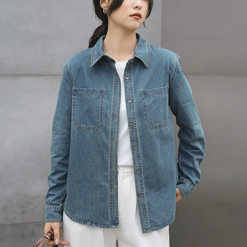 

Однотонная винтажная джинсовая рубашка с длинным рукавом. Новые модные и универсальные повседневные джинсовые топы с отложным воротником для женщин на весну-осень