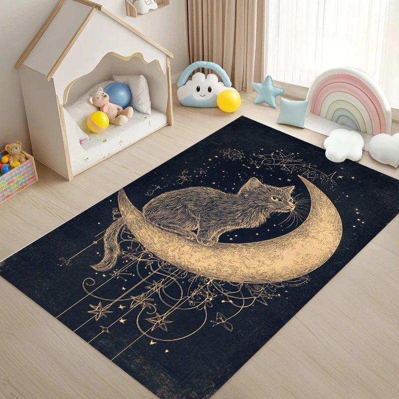 Enchanting Black Cat on Crescent Moon Carpet Magical Starry Night Rug Plush Mat with Gold Star Accents Living Room Bedroom
