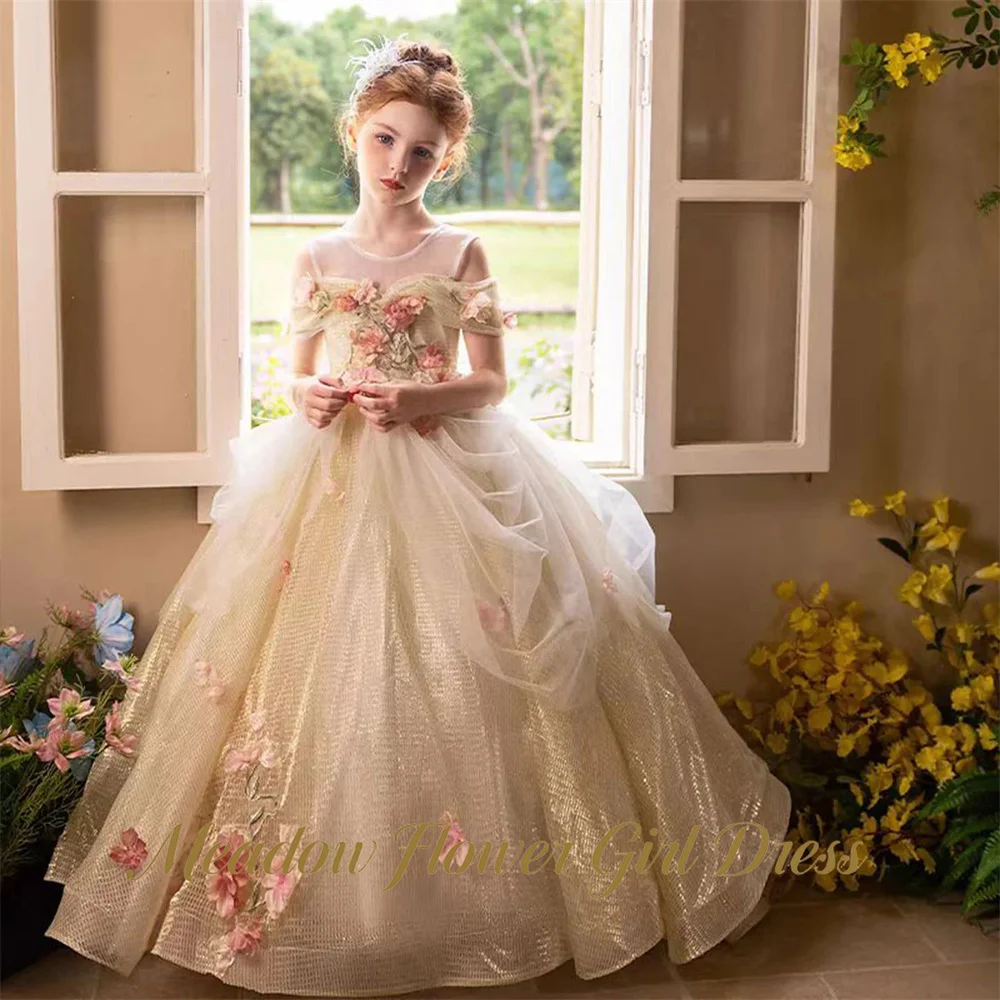 Meadow Ivory Wedding Gown for Girls 3-13 Years Old Lace Up Back Tutu Fluffy Prom Dress with Flowers Cut Out Girls Princess Gown