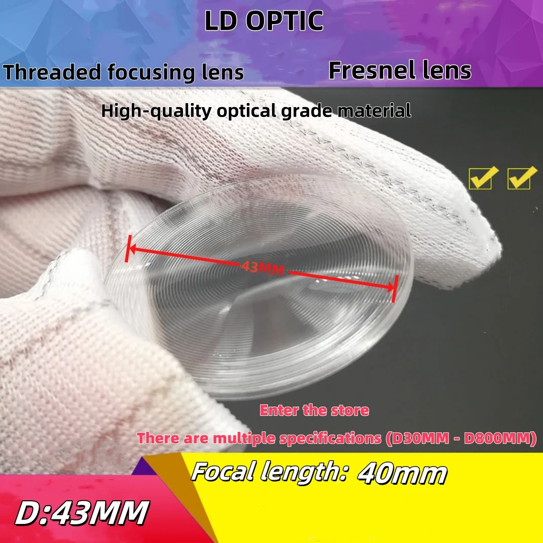 43MM diameter optical grade plastic PMMA Fresnel lens. Solar focusing threaded lens. For ignition, lighting and magnification