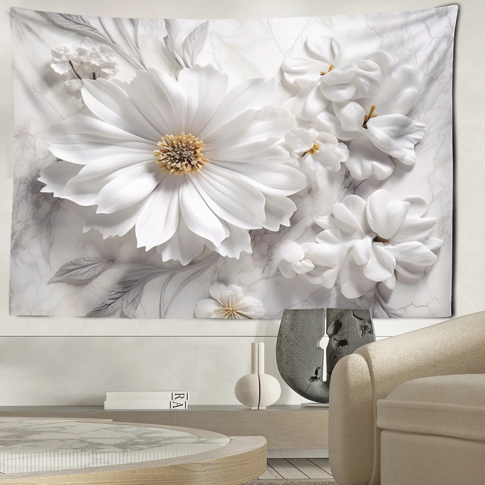 Golden Leaf White Flower Tapestry Wall Hanging Bohemian Minimalist Art Hippie Bedroom Living Room Home Decor Background Cloth