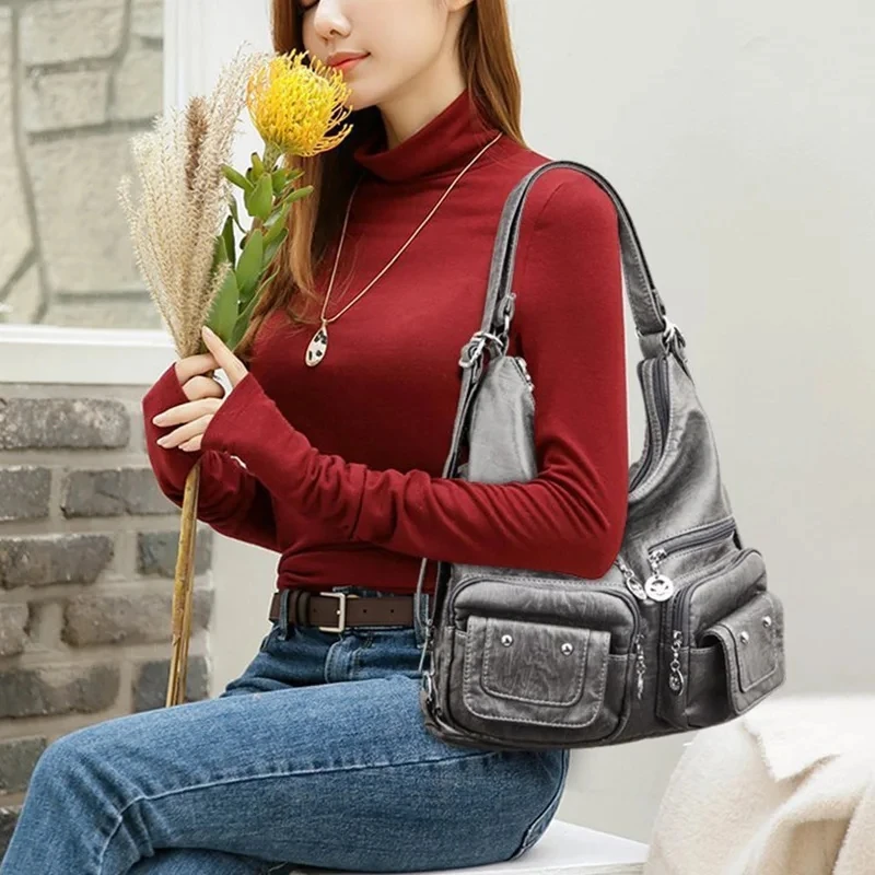 Female Multifunctional Handbag Casual Large Capacity Hobos Bag For Women Travel Shoulder Bags Totes PU Leather Crossbody Bag