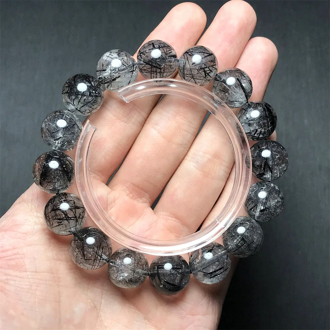 

13mm Natural Black Hair Rutilated Quartz Bracelet For Women Men Gift Crystal Beads Clear Gemstone Strands Jewelry AAAAA