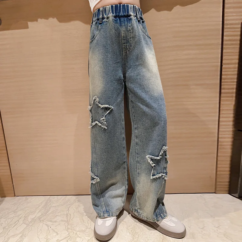 Girls\' Jeans 2024 Spring New Kids Fashion Retro five-pointed Star Denim Wide-leg Pants Teenage Children Trousers 10 12 14 Years