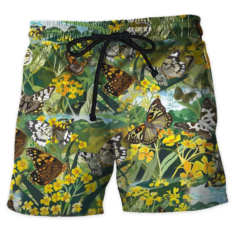 3D Printed Flower Leaf Beach Shorts For Men Bird Butterfly Chicken Pattern Short Pants Hawaiian Casual Swim Trunks Streetwear