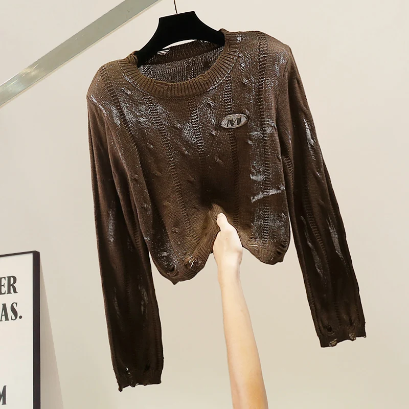 

Korean Sle fiti Color Blo Long Sve Knitted Top Faionable Casual Hollow out Design Slimming Trendy Women's irt