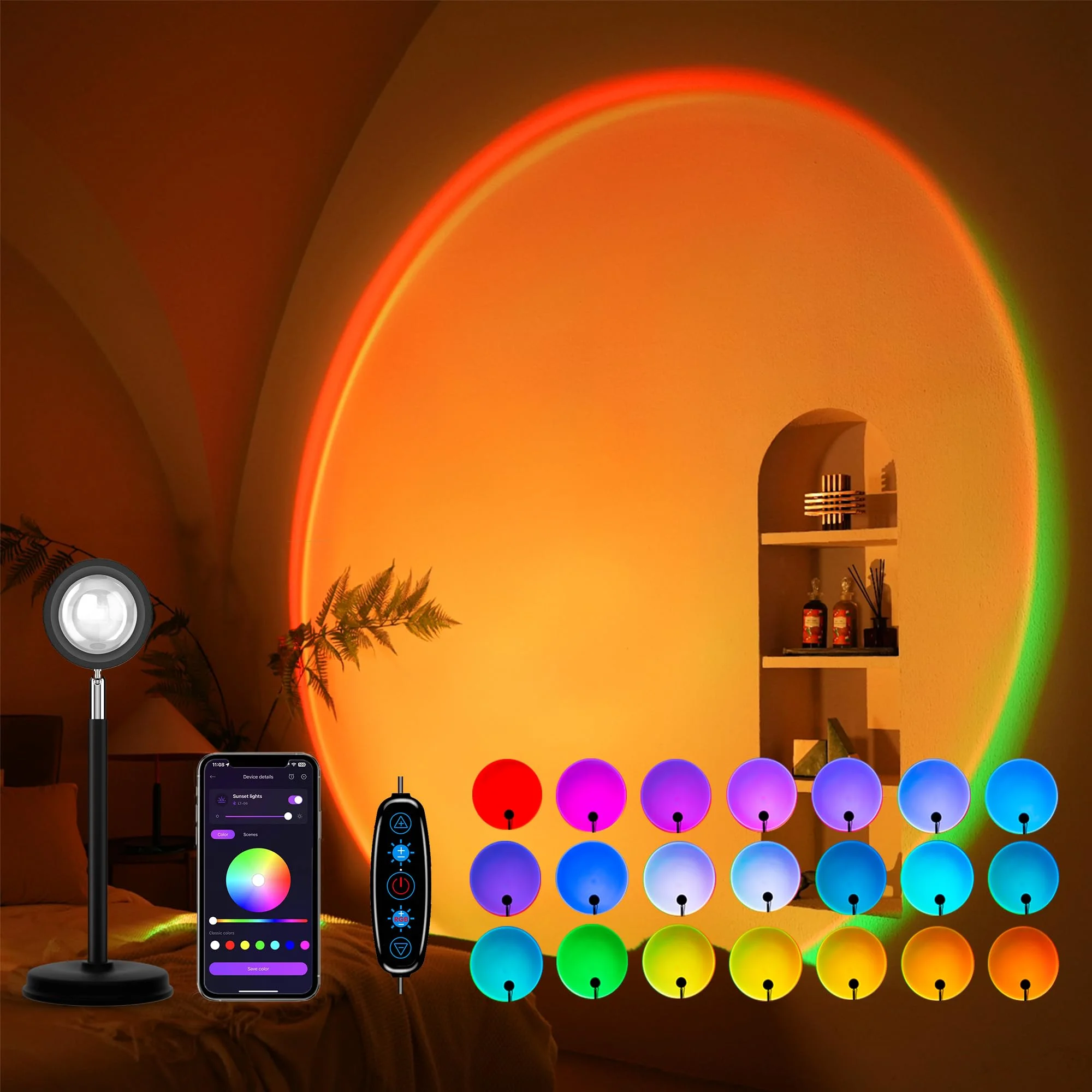 LED Smart Sunset Lamp, RGB Night Light with Remote Control and APP USB Charging for Photography Party Home Living Room Bedroom