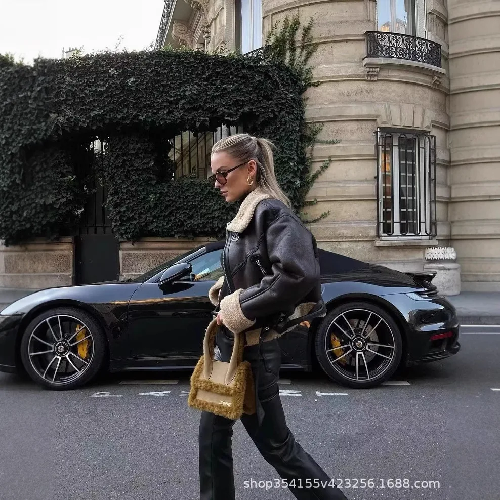 Kurtka damska z krótkiej skóry jagnięcej w stylu Maillard na jesień i zimę 2025, styl hot girl, futrzana kurtka motocyklowa, top.