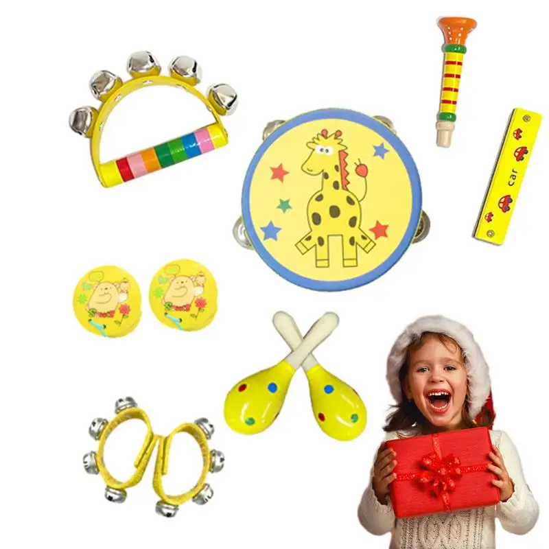 Toddler Instrument Set Wooden Shakers Music Toys Jazz Drum Set with Stool, 2 Drum Sticks, Cymbal and 5 Drums Musical Instruments