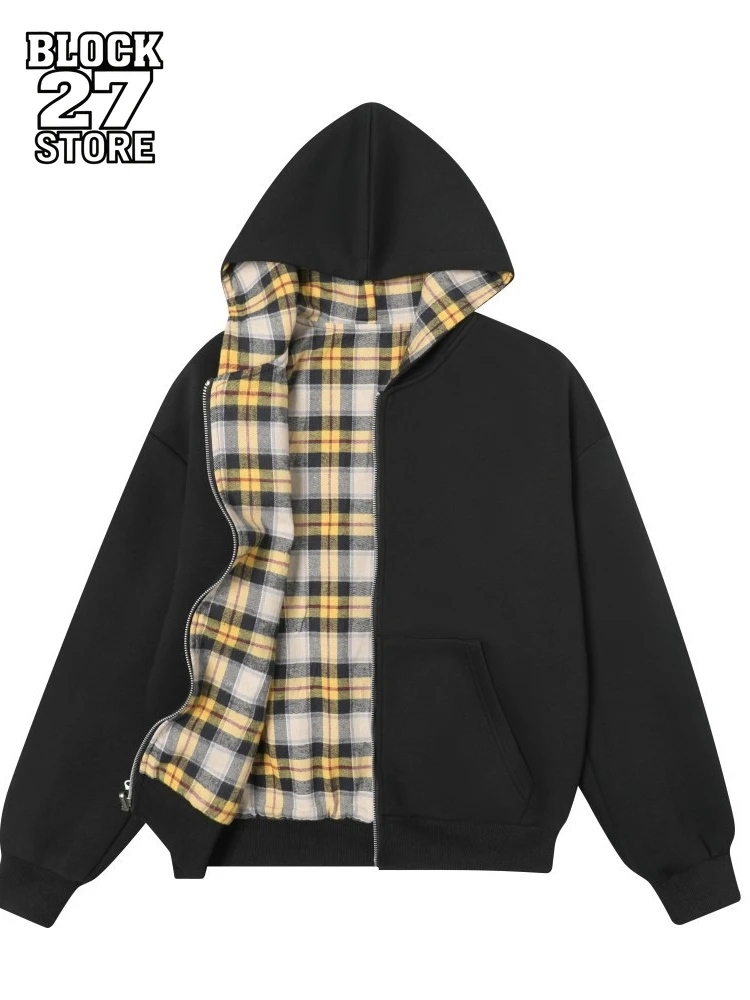 

Мужская толстовка с капюшоном в клетку на молнии, уличная одежда, свободная посадка, повседневная спортивная куртка, осень-зима, универсальный стиль, модная новинка