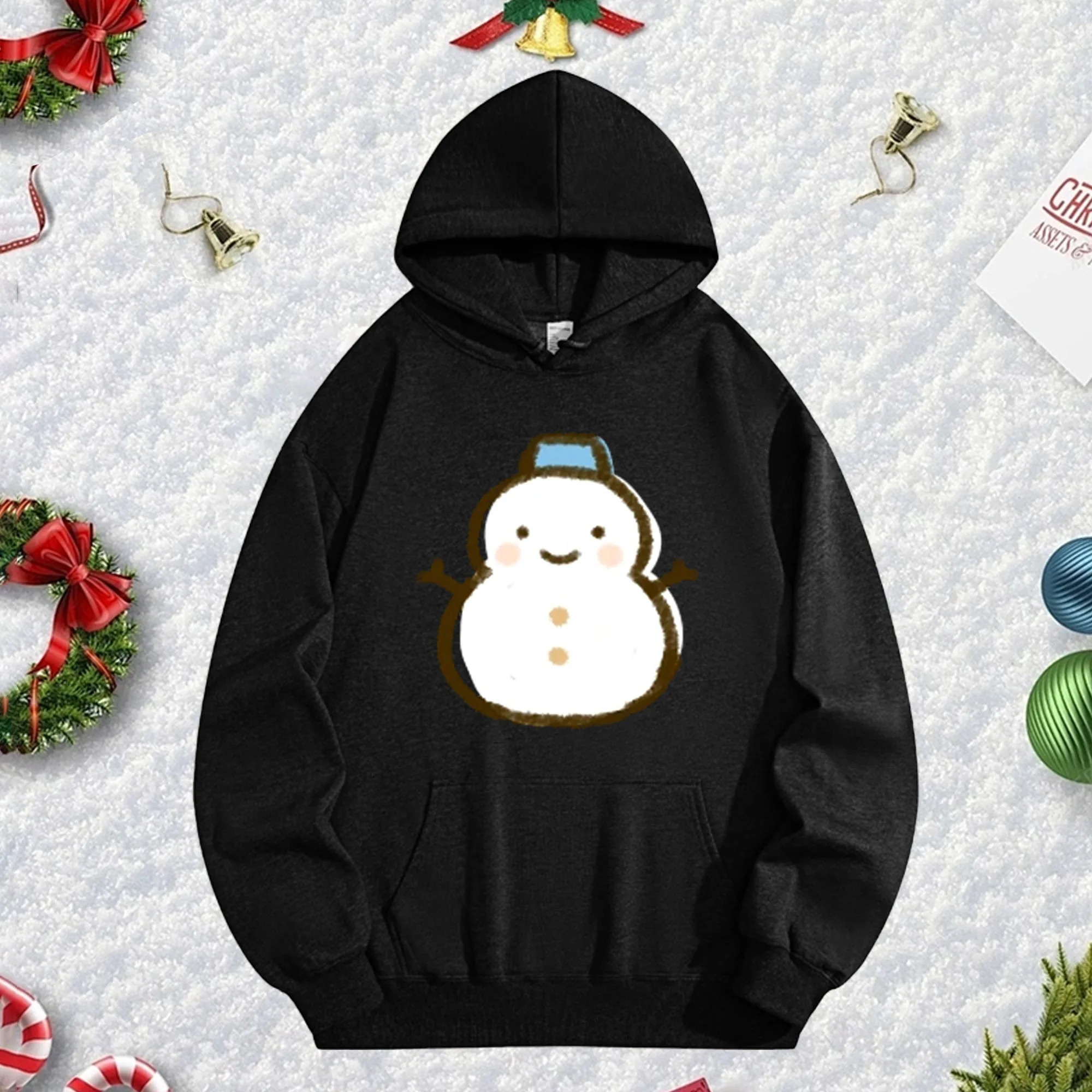 سترة بقلنسوة سوداء لطيفة للجنسين من رجل الثلج 270G، بلوفر صوف مريح لفصل الشتاء وعيد الميلاد وعطلة رأس السنة الجديدة