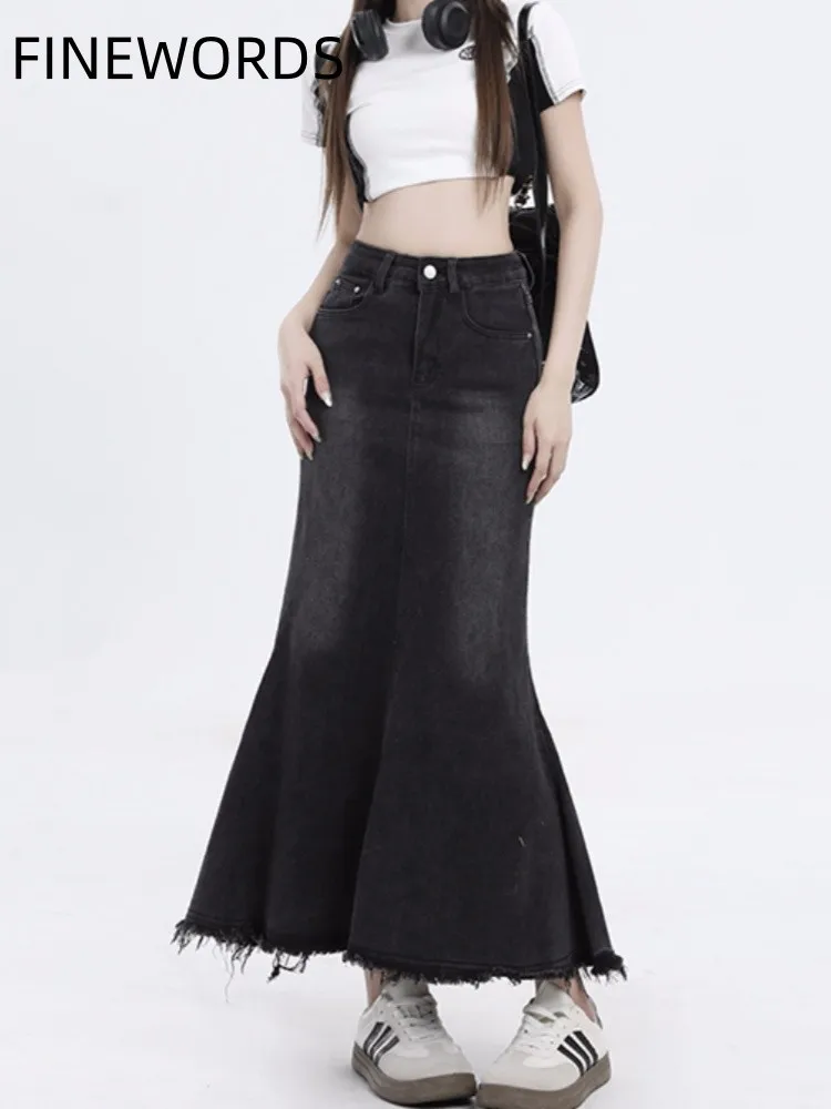 

FINEWORDS Summer High Waist Denim Mermaid Skirt Women Korean Casual Vintage Washed Jeans Skirt Streetwear Long Midi Skirts