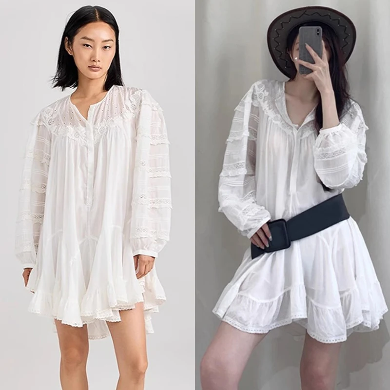 NIGO LP Women's White Hollow Embroidery Bubble Sleeve Summer Long Sleeve Pullover Casual Dresses #nigo61329