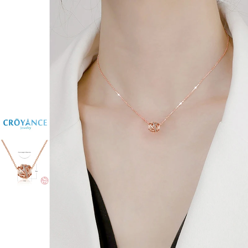 925 Sterling Silver Rose Gold Rotatable Hollow Ball Zircon Pendant Necklace Women Jewelry Gift Fine Round CZ Drop Clavicle Chain