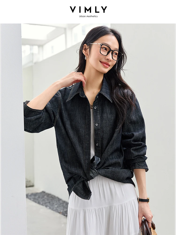 VIMLY Women's Denim Shirt Spring 2025 Black-Grey Cotton Mid-Length Turn-down Collar Jacket Korean-style Relaxed Fit A0178