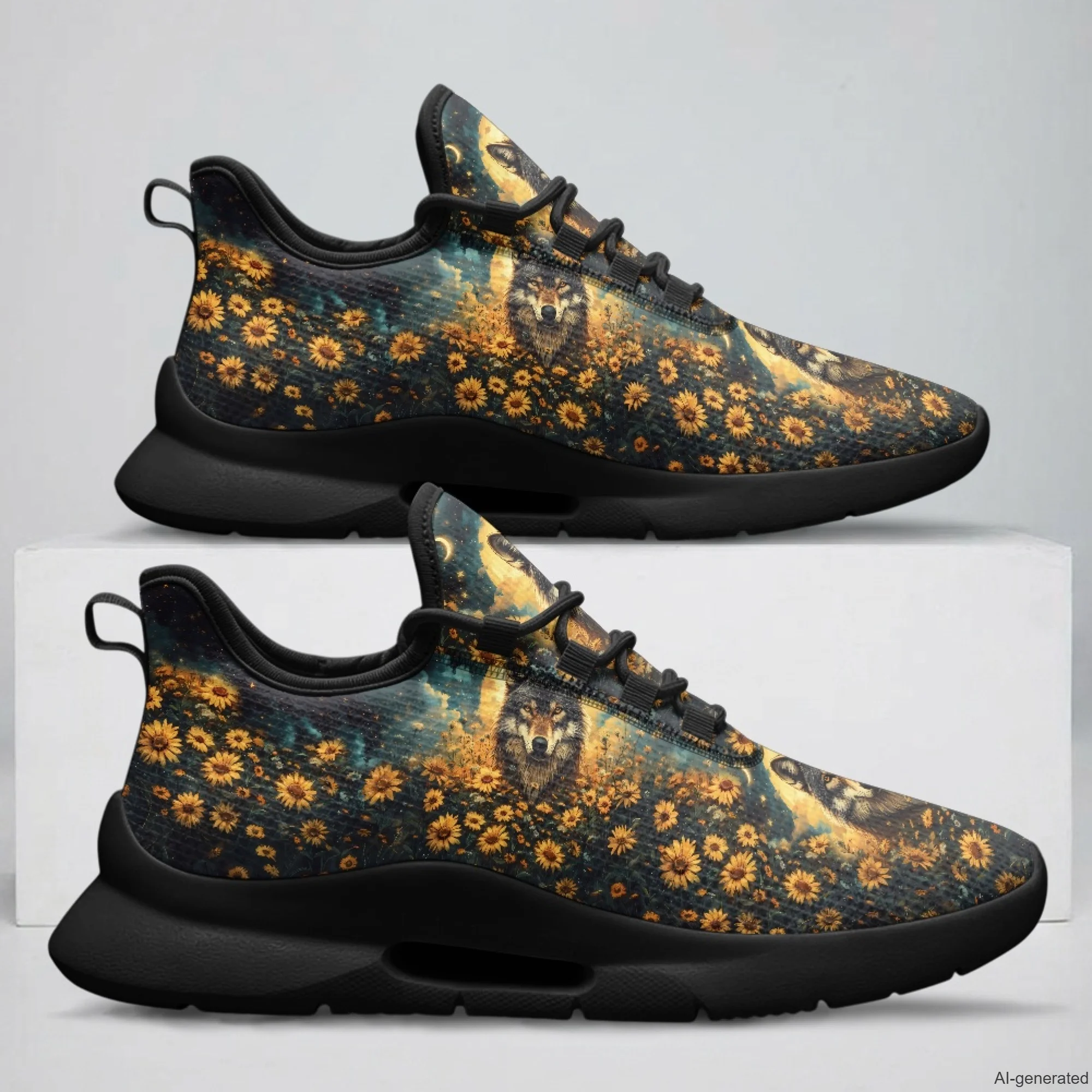 XIXIRIMIDO Lace-up Casual Shoes Men's Sneakers Breathable Mesh Walking Shoes Wolf Flower Print Women's Fashion Shoes 35-48