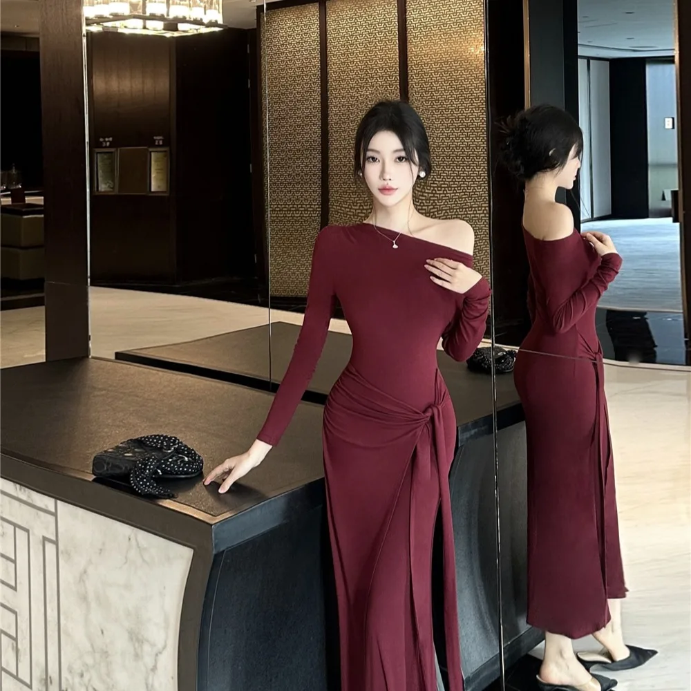 

Сексуальное облегающее платье с воротником-стойкой Dr Ele, длинная юбка, осень-зима, элитное платье с завышенной талией и боковым воротником для женщин