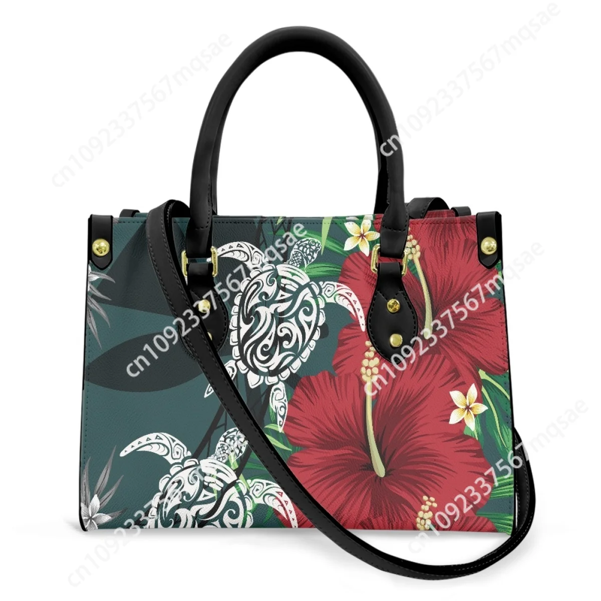 Polynesian Tribal Printed Crossbody Bag for Women Hawaiian Hibiscus Flower with Tattoo Sea Turtle Pattern Leather Handbag Female