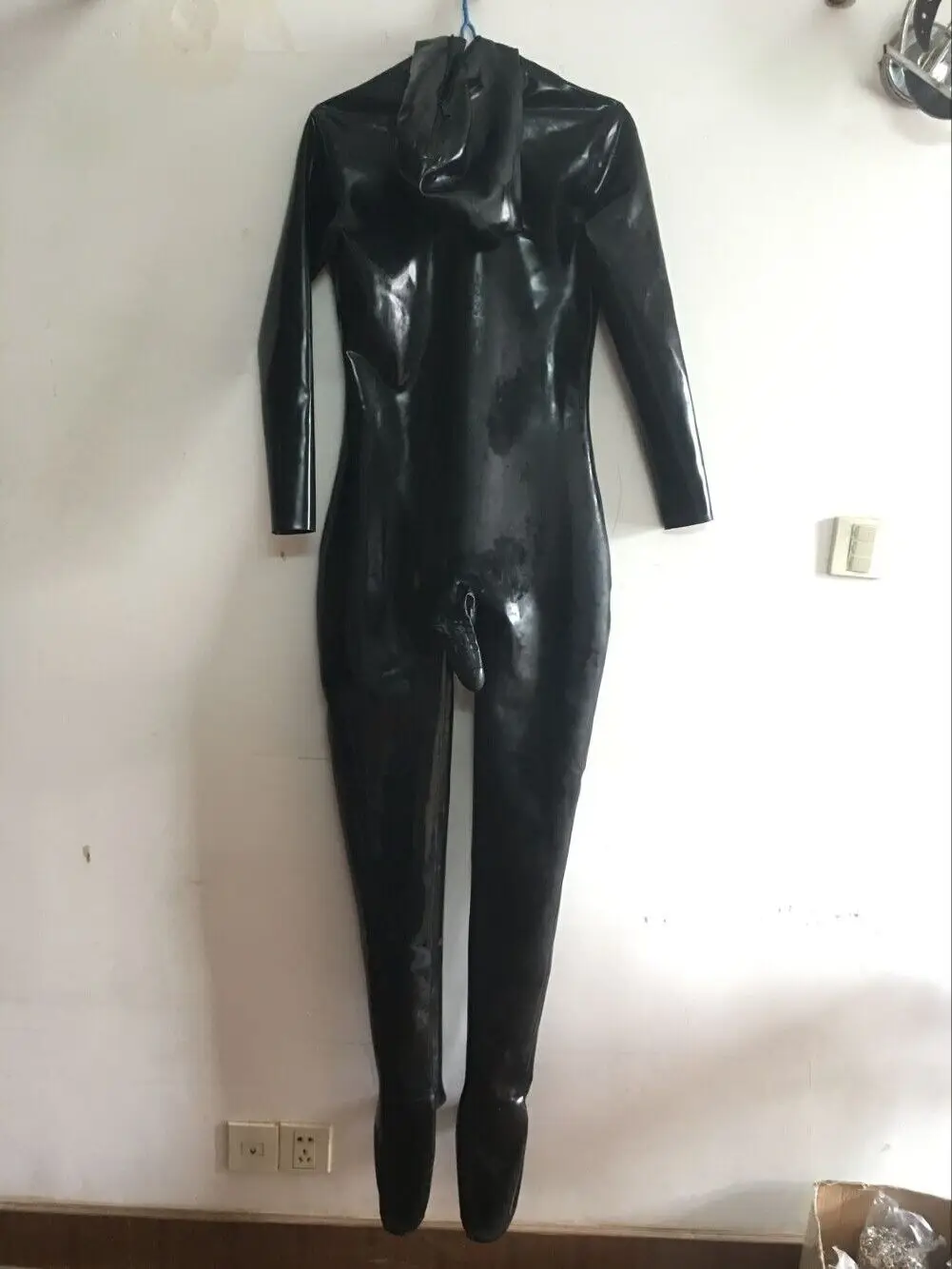 Schwarzer Body mit KapuzeCatsuit Latexanzug Zentai Kostüm 100% guma S-XXL Halloween