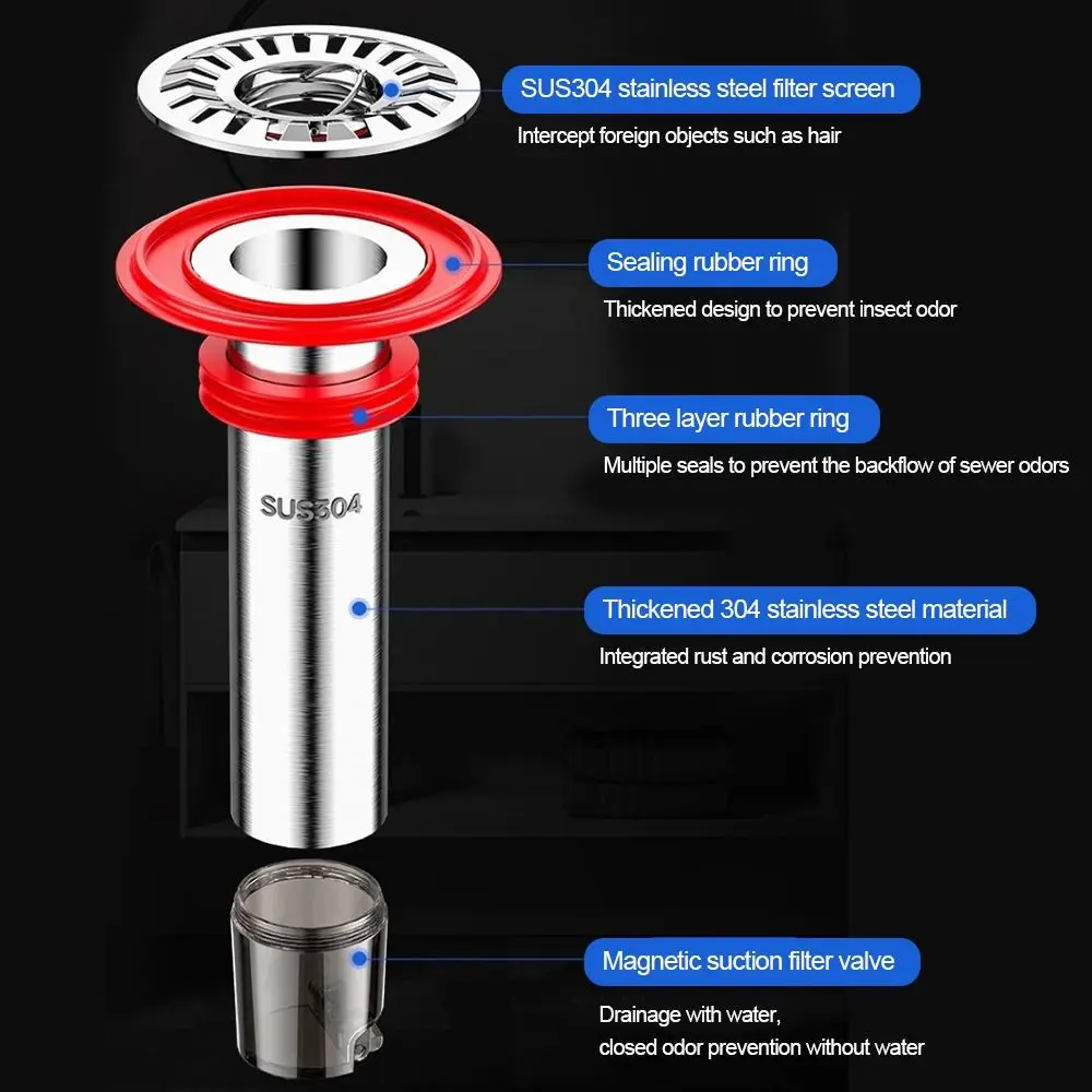 Stainless Steel Floor Drain Core Anti Odor Insect Proof Removable Seal Stopper Odor Control Easy Install Sewer Strainer Plug