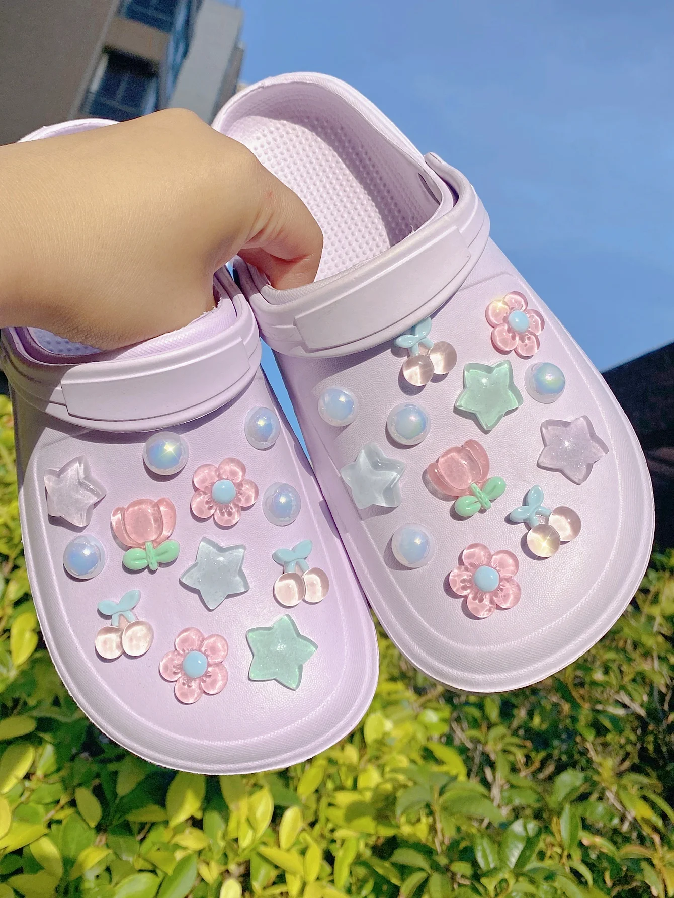 24 pieces of pink flowers, cherries, bouquets, fine twinkling stars, ABS pearl shoe accessories, detachable shoe buckles, holida