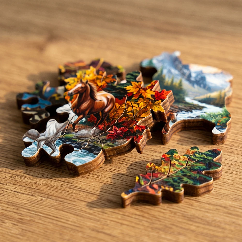 Wooden Jigsaw Puzzle 3D Style Running Horses in Mountain Scene with Animal Shaped Pieces Stress Relief Family Game
