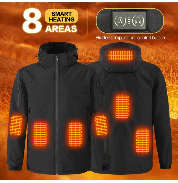 Unisex-Heizjacke, USB-aufladbar, 8 Heizzonen, elektrisch beheizter, warmer Kapuzenmantel, winddicht, wasserdicht, für den Winter, Outdoor, beheizt – Detail 6