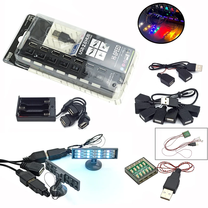 

DIY Light Accessories Building Block Street Black 7 USB Ports For LED Light Kit 10220 10260 42083 Compatible All Brand